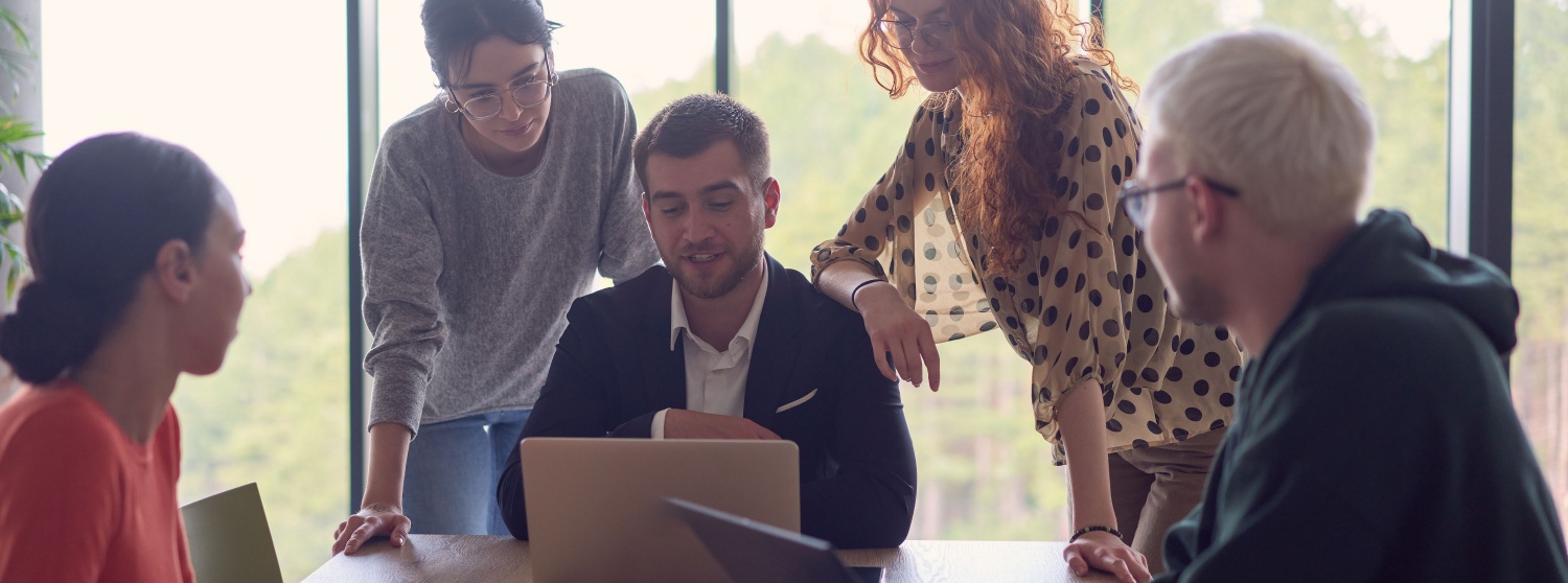 Employees discussing business
